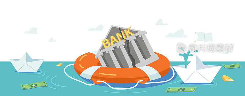 破产，全球崩溃，崩溃概念。下沉的银行破碎的建筑漂浮在救生圈上试图在危机中生存