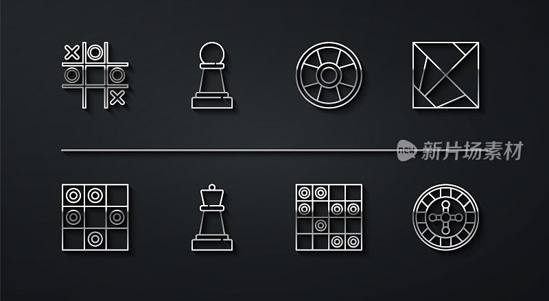 设置线嘀嘀游戏，棋盘跳棋，魔方，国际象棋，赌场轮盘赌和芯片图标。向量