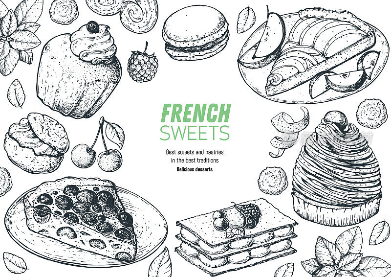 一套法式甜点，有朗姆酒、克拉夫提、勃朗峰、千层酥、苹果派、马卡龙。法国美食俯视图框架。食品菜单设计模板。手绘草图矢量插图。