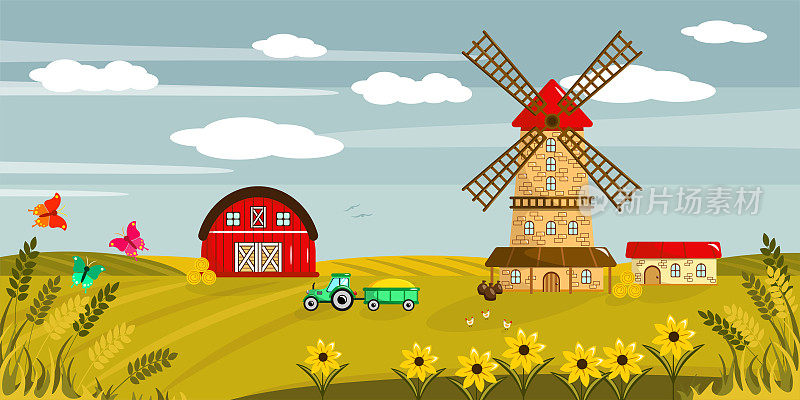 一个美丽的秋季农场的矢量插图。带有农田、小麦和向日葵的卡通农场景观，带拖车的拖拉机、谷仓、仓库和磨坊。