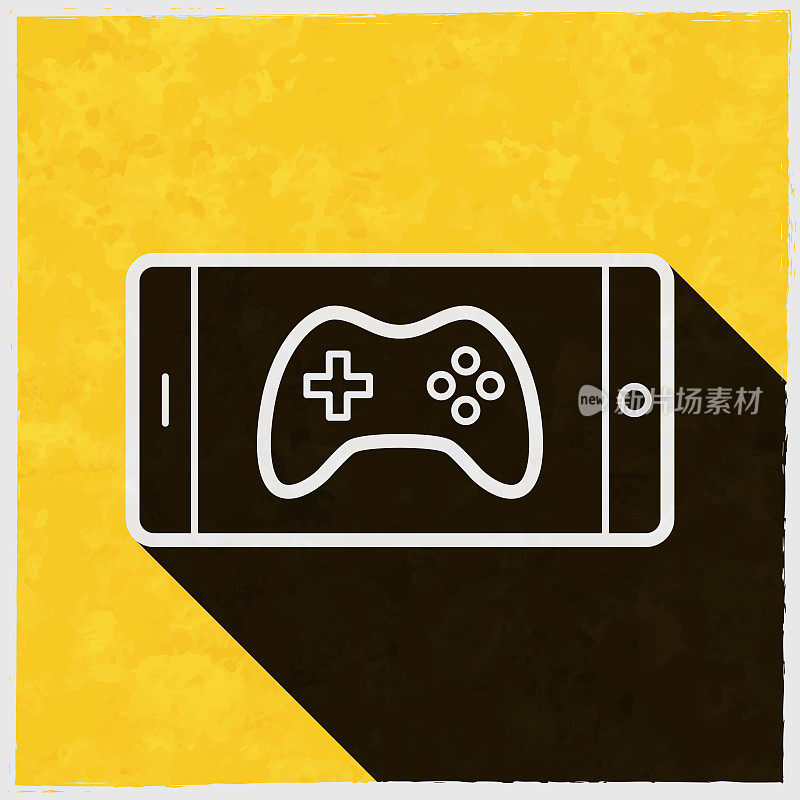 智能手机上的视频游戏。图标与长阴影的纹理黄色背景
