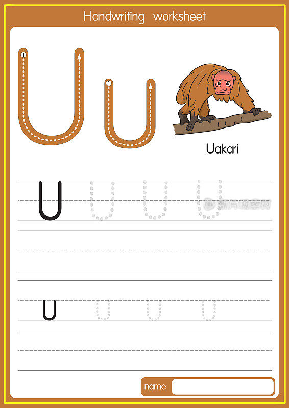 矢量插图的Uakari与字母U大写字母或大写字母的儿童学习练习ABC