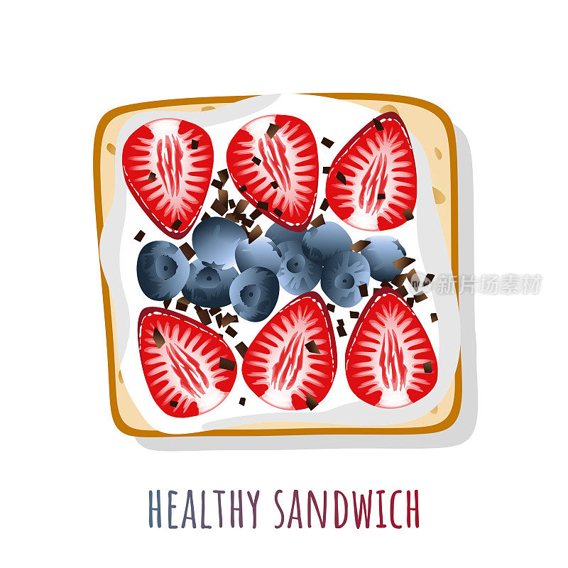 烤面包加酸奶，蓝莓和草莓。健康的水果三明治。