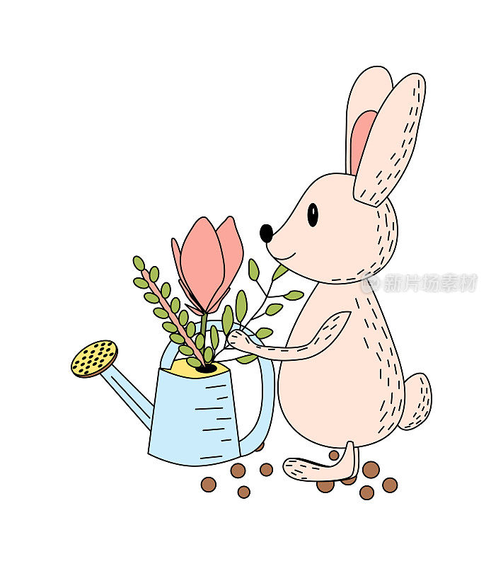 春天复活节插图，兔子与浇水藤