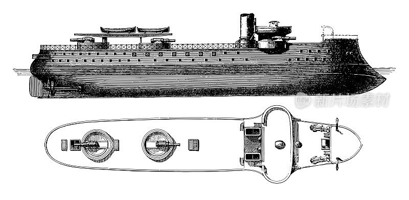 巴贝特战舰阿米拉-杜佩雷(法国)-老式雕刻插图