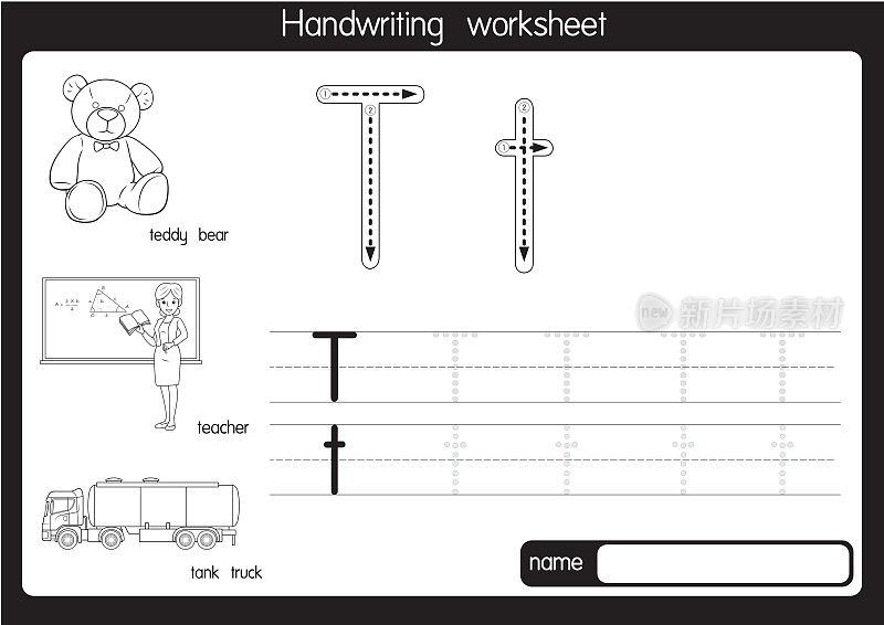 黑白矢量插图，用字母T大写字母或大写字母为儿童学习练习ABC