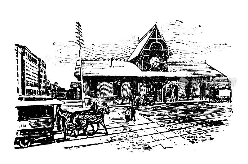 美国，马萨诸塞州地标和公司的古董插图:波士顿，纽约和新英格兰火车站