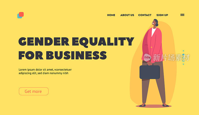 性别平等的商业着陆页模板。非洲女商人角色穿着正式服装拿公文包