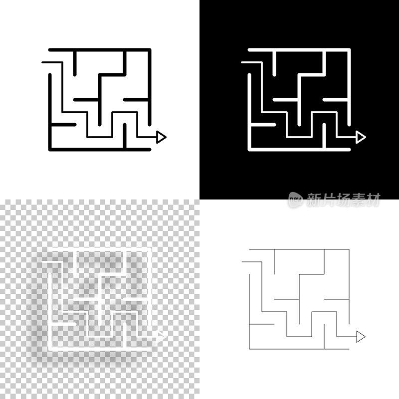 迷宫和解决方案。图标设计。空白，白色和黑色背景-线图标