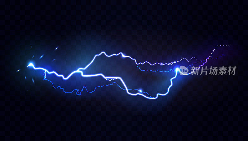逼真的雷暴电闪雷鸣效果与发光和闪光。矢量插图，孤立的闪电闪光的黑色背景。霓虹灯在天空或天气条件下闪烁