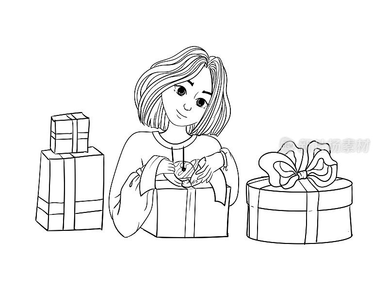 这个女孩正在包装礼物。人们正在准备一个生日聚会和庆祝节日。准备假期。矢量插图孤立在白色背景。
