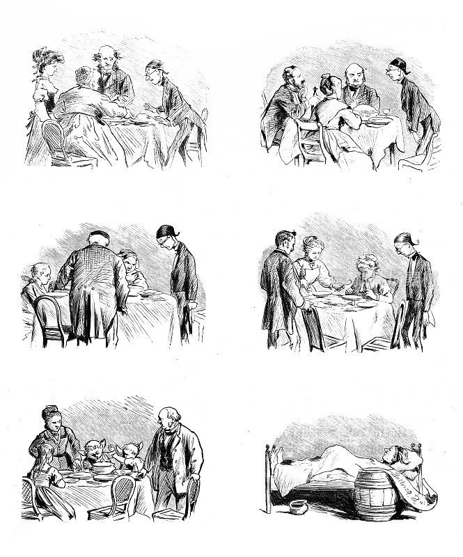 英国讽刺漫画漫画插图-一家人在餐桌上