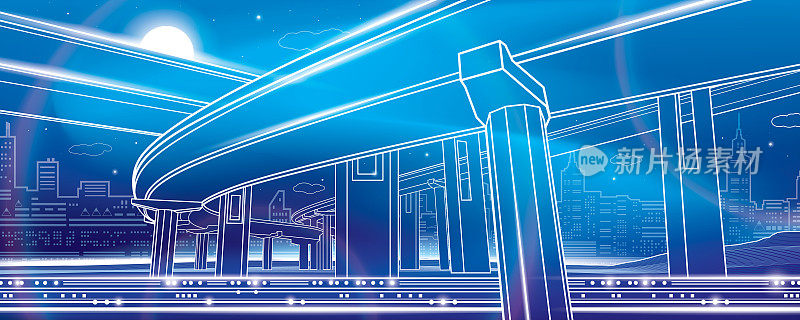 霓虹闪烁的城市插图。交通立交桥，城市基础设施全景，现代城镇为背景，矢量设计艺术