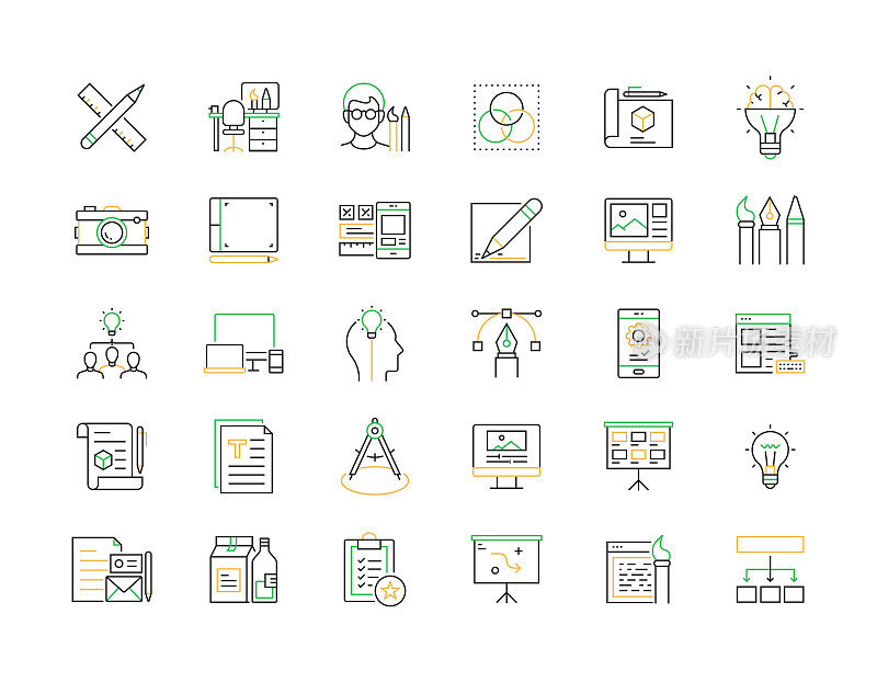 图形设计相关的矢量细线图标。大纲符号集合