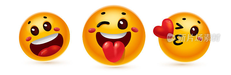 向量集插图不同的快乐黄色微笑表情与开放的嘴，心和舌头在白色背景。有趣的笑表情的3d风格设计