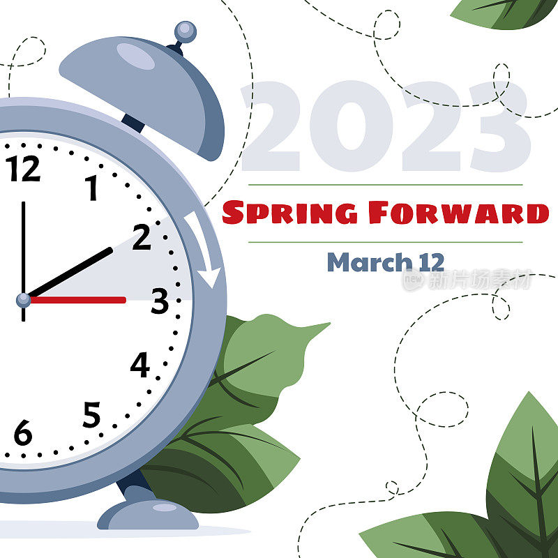 夏令时。2023年3月12日，时钟调快一小时。春天的概念，夏天的时间。网页横幅的闹钟与绿色的树叶与呼吁切换到夏令时。