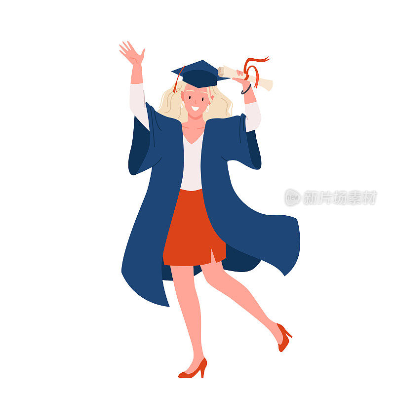 女毕业生，身穿学士服，头戴学士帽，手拿毕业证卷的女孩，欢快起舞