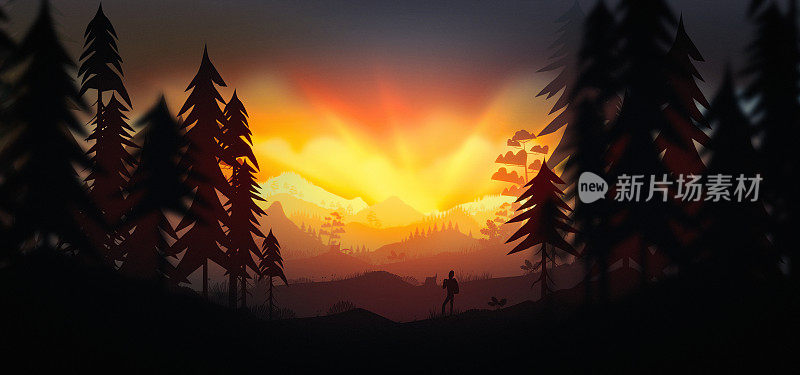 森林和山在夕阳背景与徒步旅行者