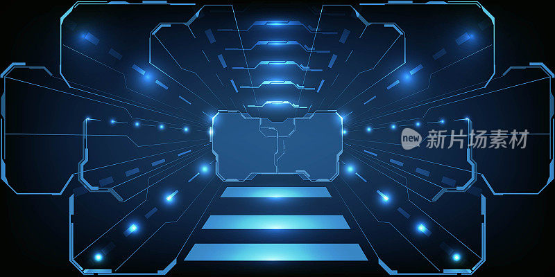 矢量插图的数字高科技隧道空间曲与发光的数字建筑师线抽象深蓝色技术背景。