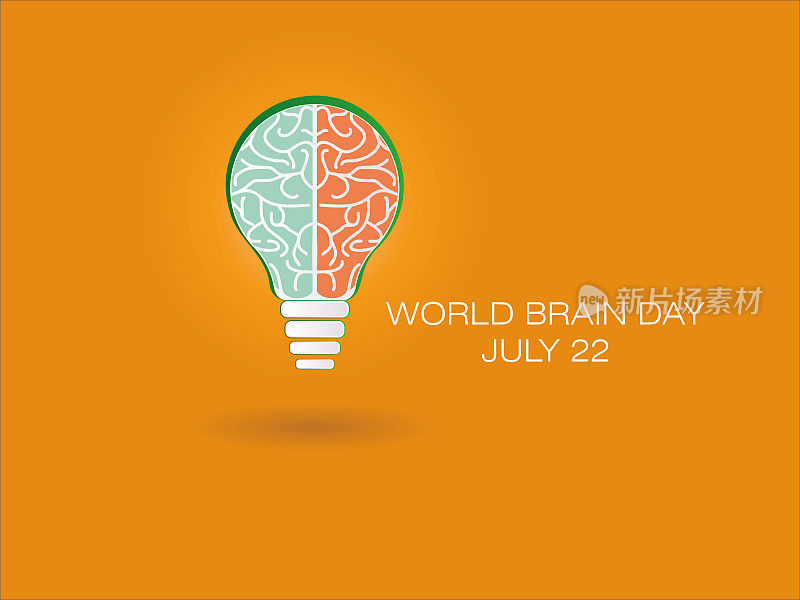 世界脑日，矢量图，大脑在一个灯泡里，大脑半球按颜色区分。7月22日