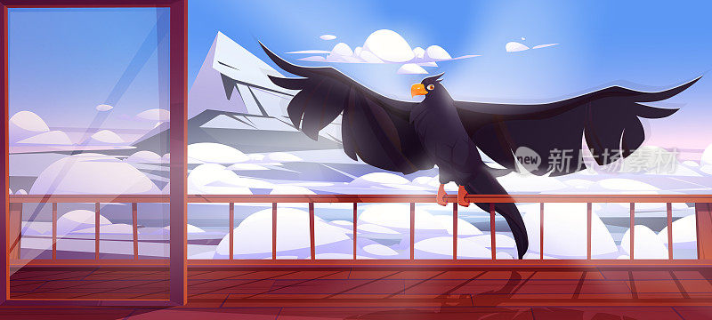 黑鹰、猎鹰、乌鸦或鹰坐在露台上