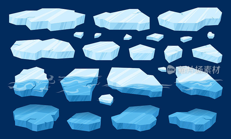 漂浮的冰，冰冻的北极冰块。冰川和冰山碎片，蓝色冰晶漂浮在水上矢量符号插图集。南极冰川融化