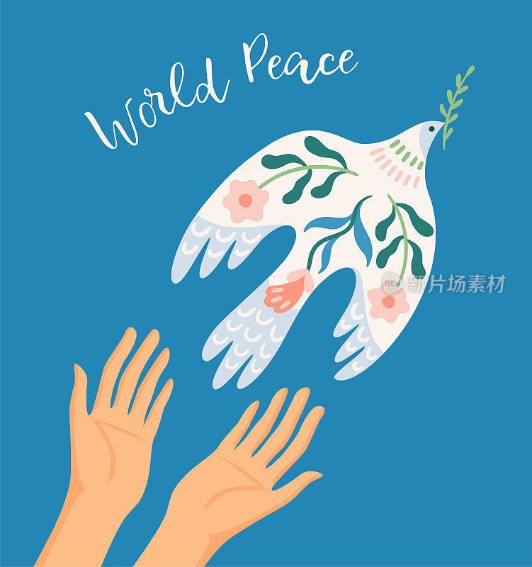 世界和平。双手和和平鸽。矢量插图。制作卡片、海报、宣传单等