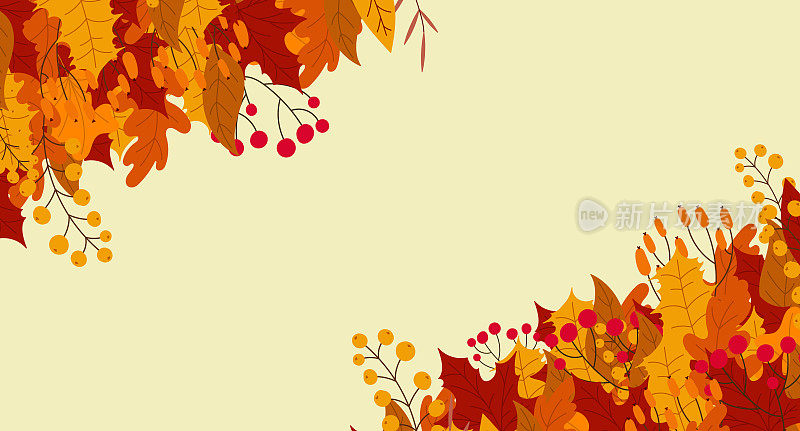 你好，秋天，落叶。秋天的树叶落下，流行的树叶。秋天的设计。迷人的秋天图案。手绘。矢量图