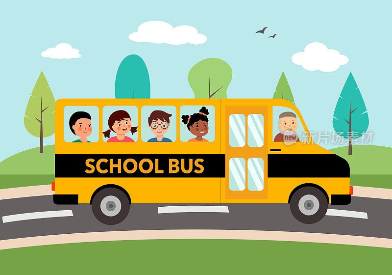 校车与儿童学生在平面设计。