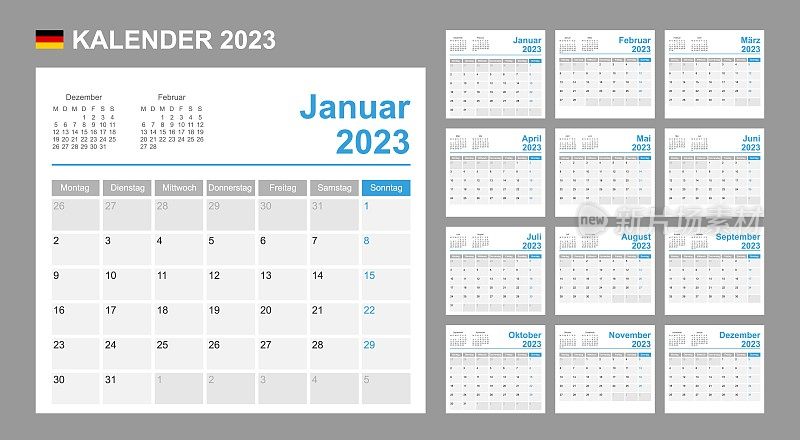 德国2023年的日历。一周从周一开始。简单的向量模板。业务设计计划。