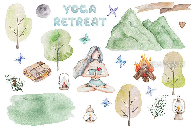 瑜伽的女孩。水彩插图手绘的女人坐在莲花姿势双手合十。瑜伽静修集于自然、森林、山地、露营