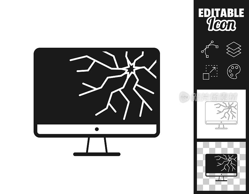 桌面电脑屏幕坏了。图标设计。轻松地编辑