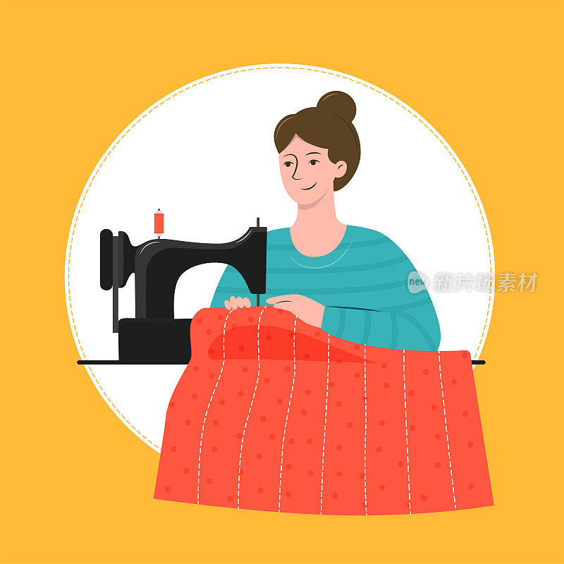 女工匠在缝被子。女裁缝在她的工作场所用缝纫机。可爱的矢量插画在平面风格