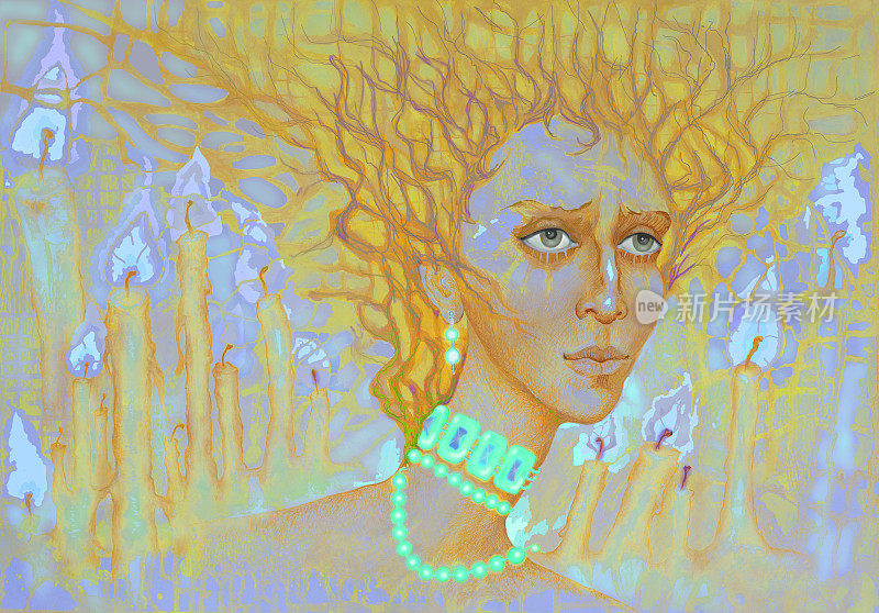 插画艺术油画肖像一个悲剧的女人在珠宝项链和耳环的背景上燃烧的蜡烛在深褐色的阴影