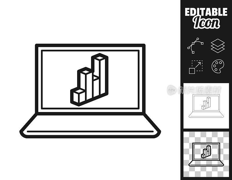 带3D图表的笔记本电脑。图标设计。轻松地编辑