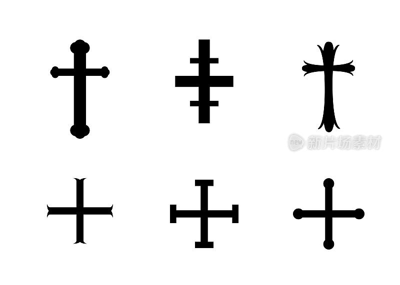 剪影宗教十字集合矢量和插图