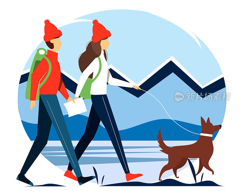 年轻的夫妇背着背包，带着地图和狗在山里走着。徒步旅行、户外娱乐和积极生活的概念插图。冬季插画在平面风格。