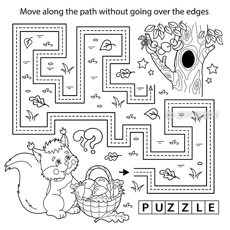 书法练习纸。简单的教育游戏或迷宫。卡通松鼠与蘑菇篮子的着色页大纲。儿童填色书。