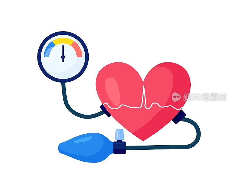 高血压，高血压的治疗。巨大的人类心脏与血压计。体格检查和心脏检查