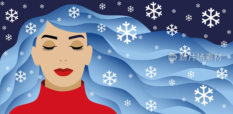 冬天的背景。美丽的女人，长长的蓝色波浪发，闭着眼睛，雪花飘飘。