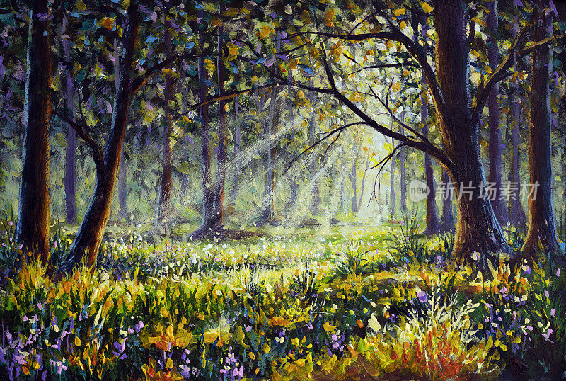 概念艺术插画的阳光风景在梦幻的色彩显示森林与太阳后面的树投美丽的光线通过雾的飘散
