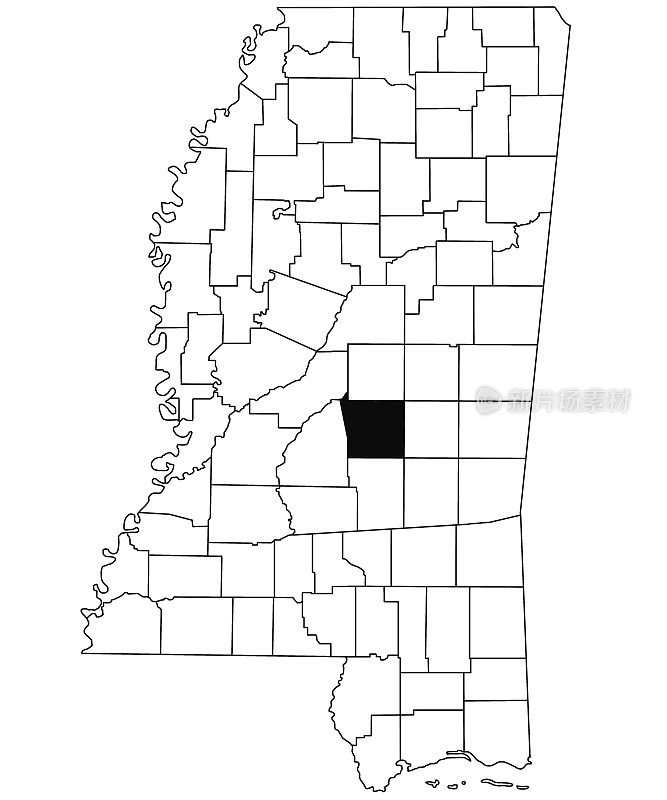 白色背景的密西西比州斯科特县地图。密西西比地图上的单个县以黑色突出显示。美利坚合众国，美国