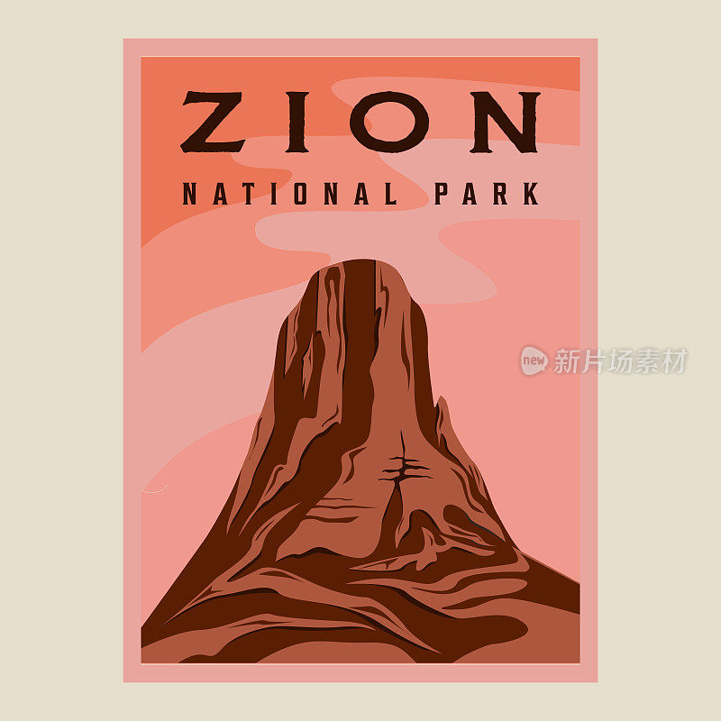 锡安国家公园极简复古海报插图模板平面设计。峡谷岩山旗为旅游商家提供简洁的景观景观