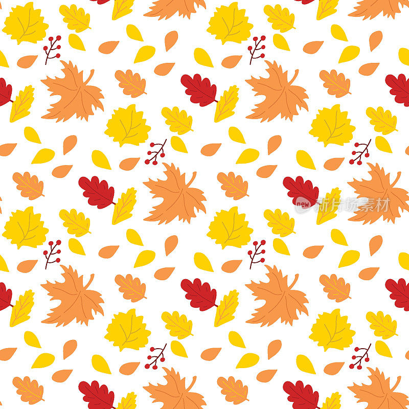 秋日矢量秋日天衣无缝。橙色和黄色的叶子。可爱的手绘收获季节农家乐插图在白色背景