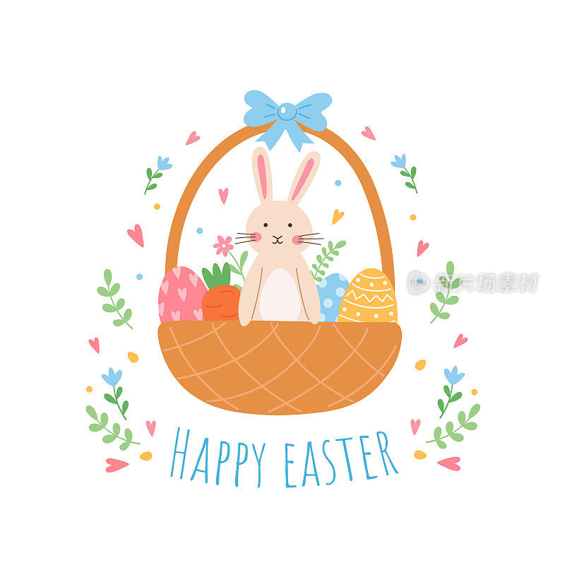 复活节快乐贺卡。兔子或兔子在鸡蛋篮子里。可爱的矢量平面卡通插图。