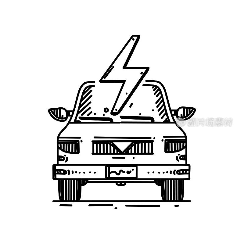 电动汽车线路图标，草图设计，像素完美，可编辑的笔画。能源，可再生能源，电力，电池。