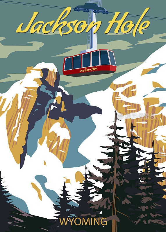 杰克逊霍尔旅游滑雪场海报复古。怀俄明州美国冬季风景旅游卡