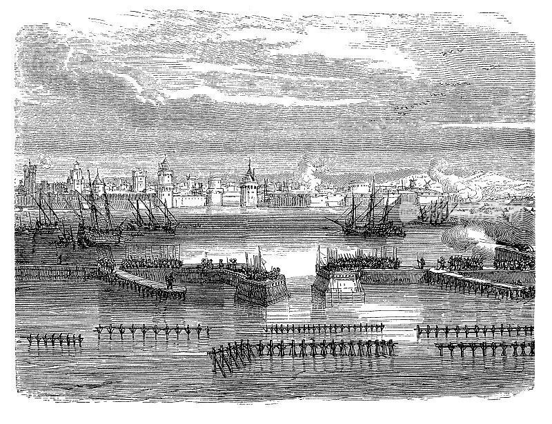 16世纪的法国，拉罗谢尔的坚固港口，比斯开湾的沃克雷尔城堡受到大西洋的保护