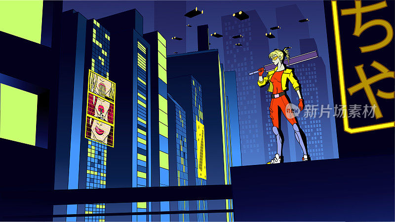 矢量动画风格的女性刺客在赛博朋克城市股票插图