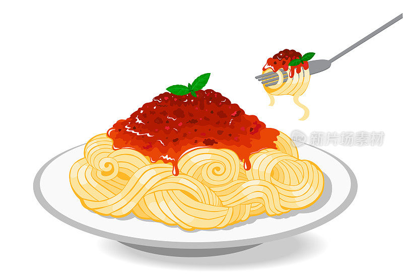一盘意大利面或鸡蛋意大利面配肉酱和番茄酱，帕尔玛干酪，用叉子叉着的意大利面。经典的意大利面食，矢量插图。